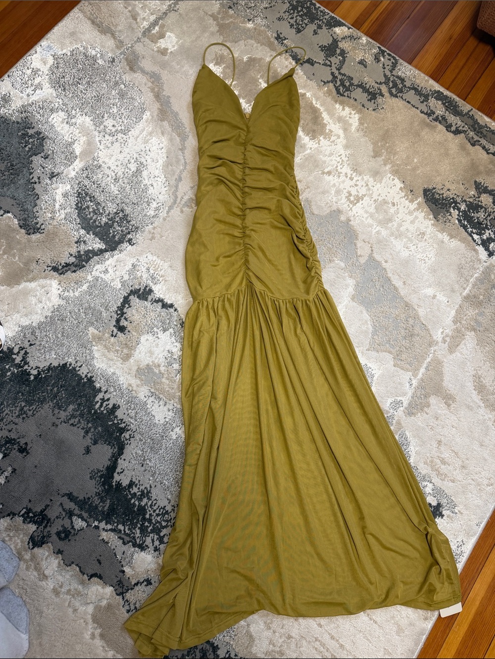 Olive Green Ruched Spaghetti-Strap Maxi Dress